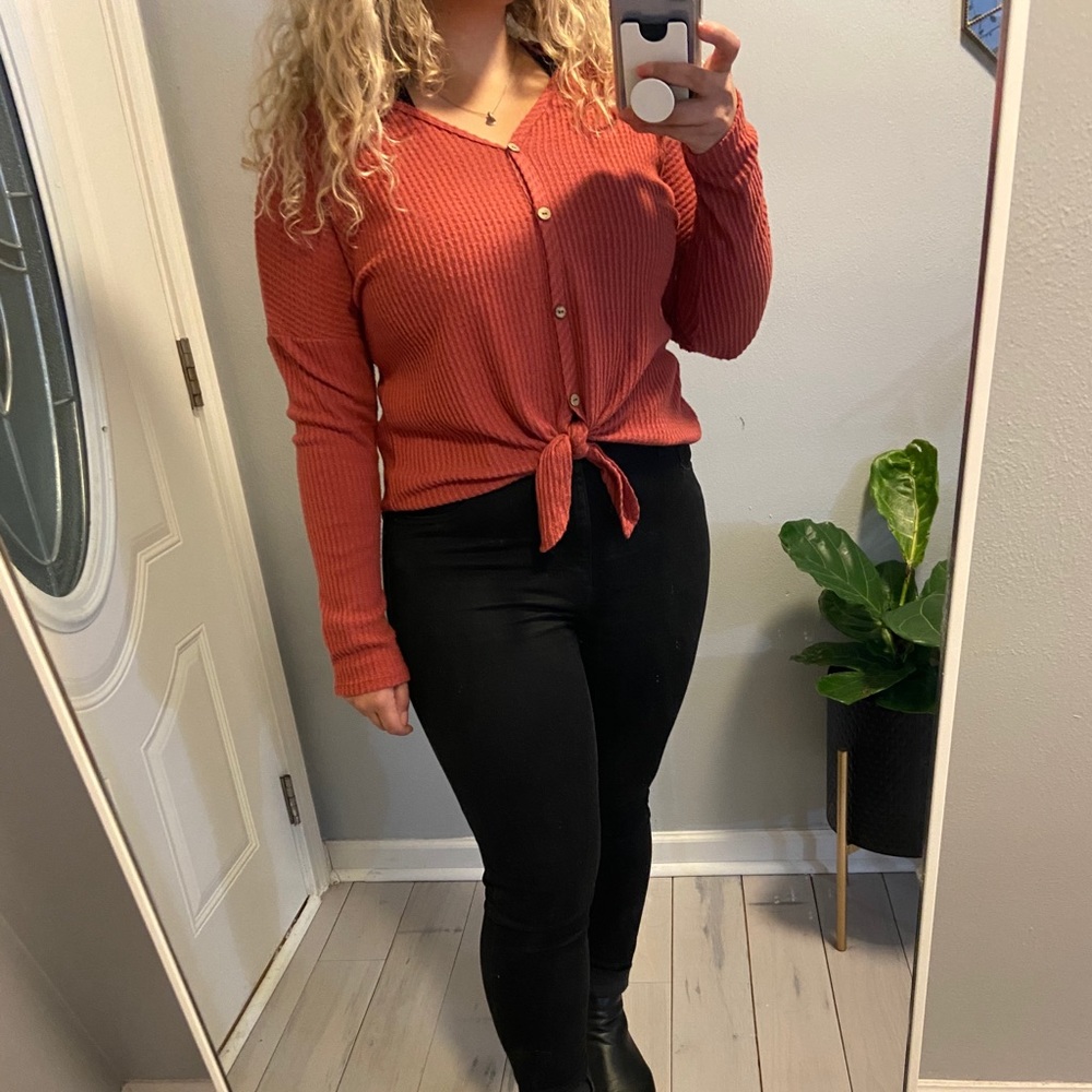 Red button down waffle sweater with tie front